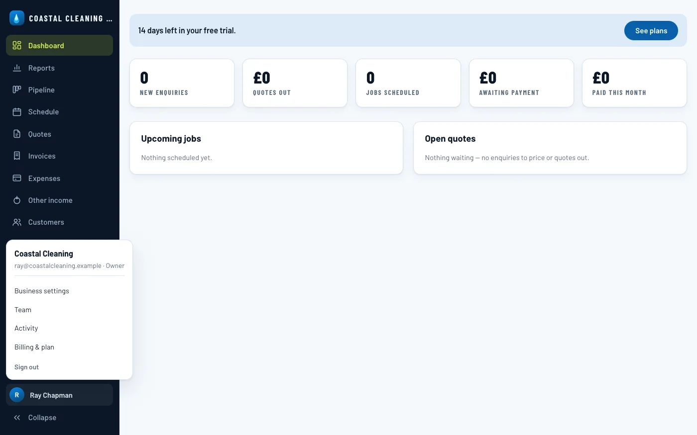 The account menu open, showing Business settings, Team, Activity and Billing & plan