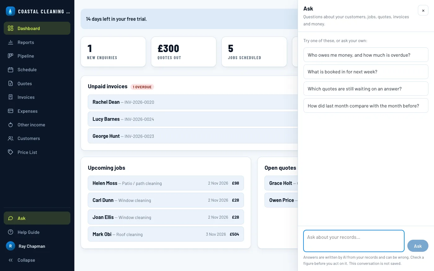 The assistant open beside the Dashboard, with suggested questions