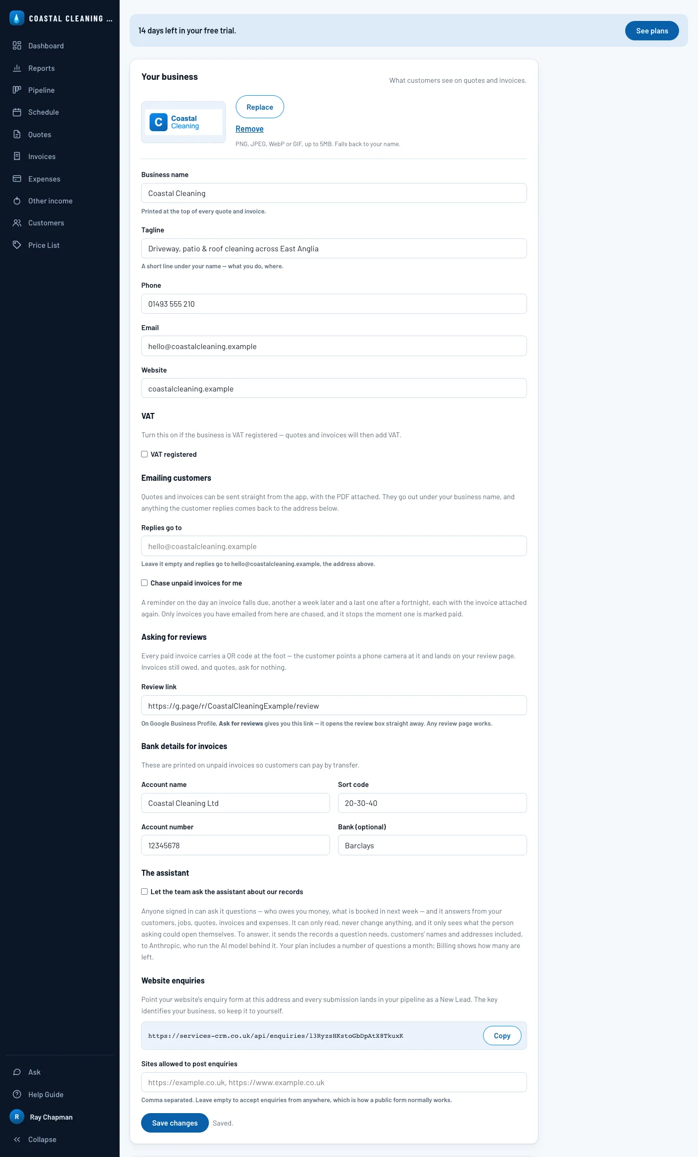 Business settings filled in and saved: logo, contact details, VAT, emailing customers, the review link, bank details, the assistant, and the intake address