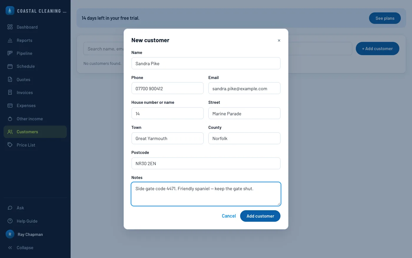 The new customer form filled in for Sandra Pike