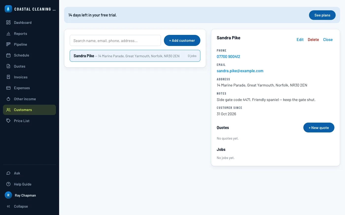 Sandra Pike's customer record, ready for a first quote