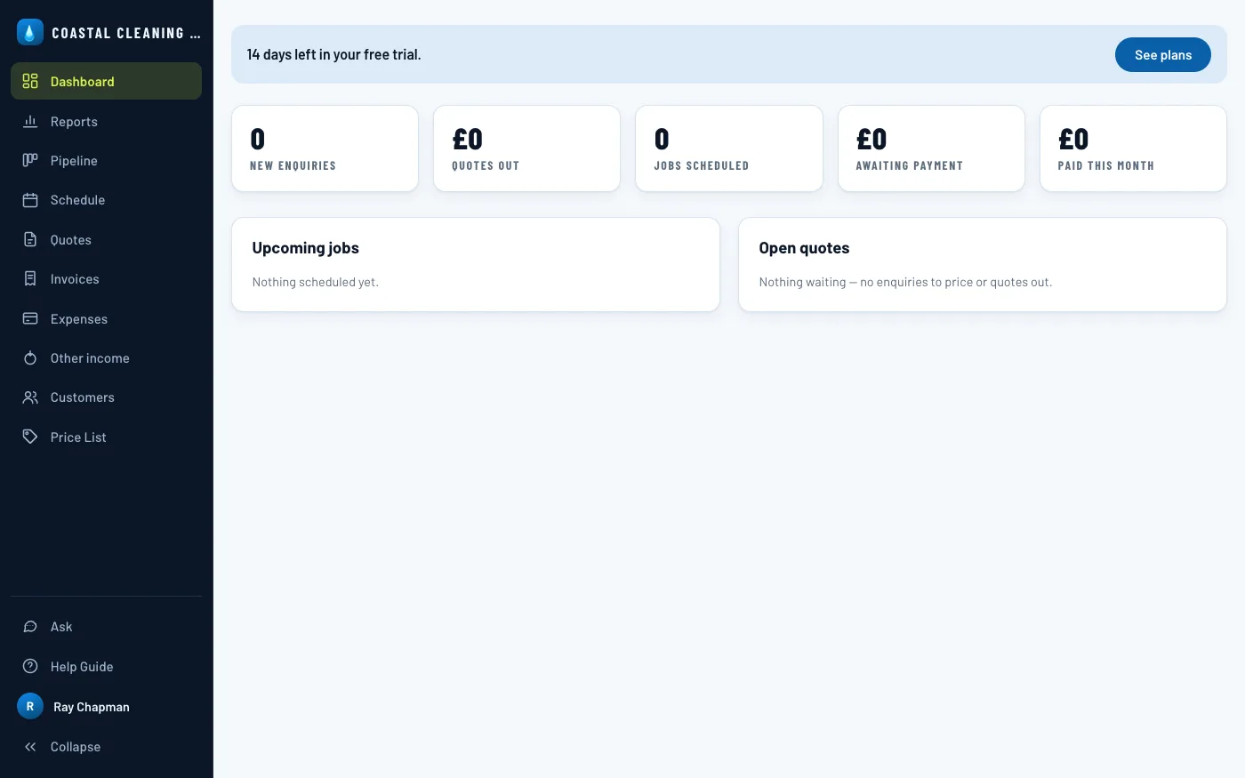 An empty dashboard right after sign-up