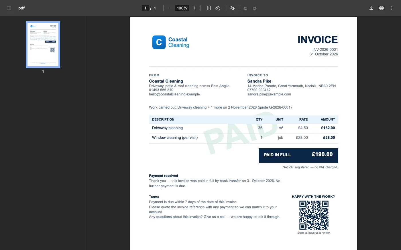 The invoice PDF stamped PAID, doubling as a receipt
