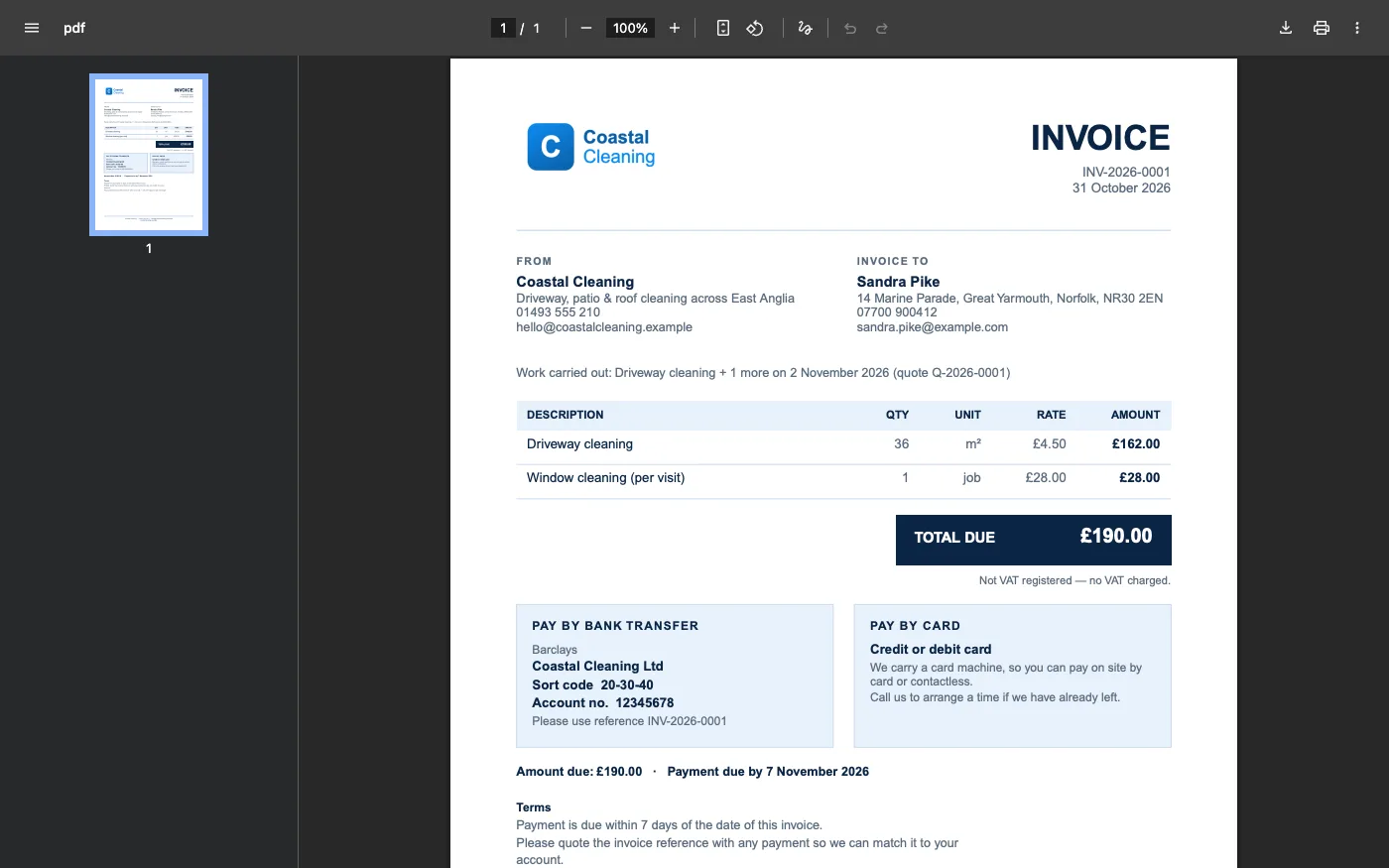 The invoice PDF, awaiting payment