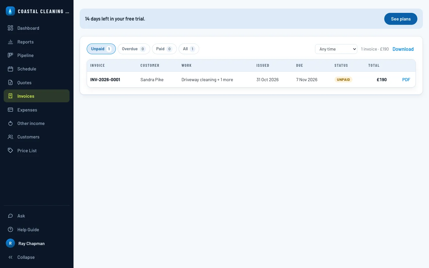 The Invoices tab, filtered to Unpaid