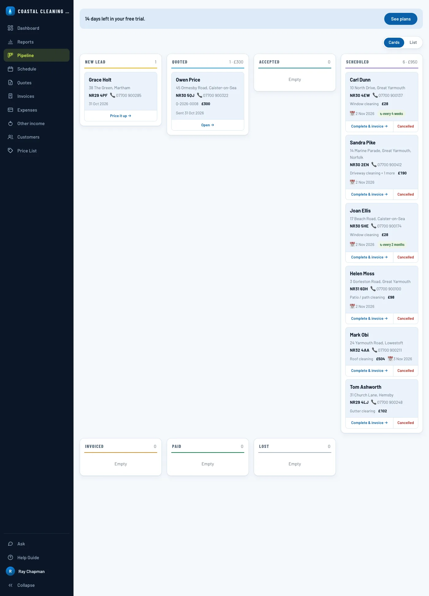 The pipeline board, with Sandra Pike's job in Scheduled