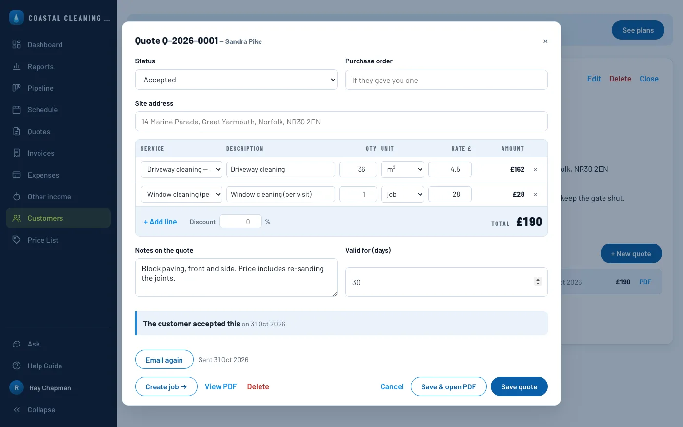 The quote reopened, showing the customer accepted it, and Create job