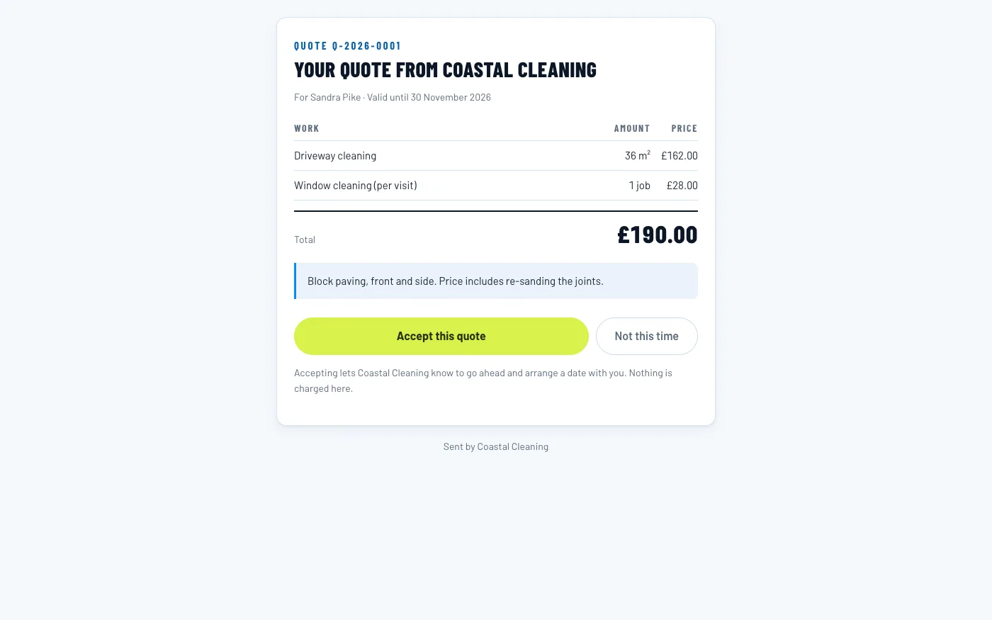 The customer's page for answering the quote