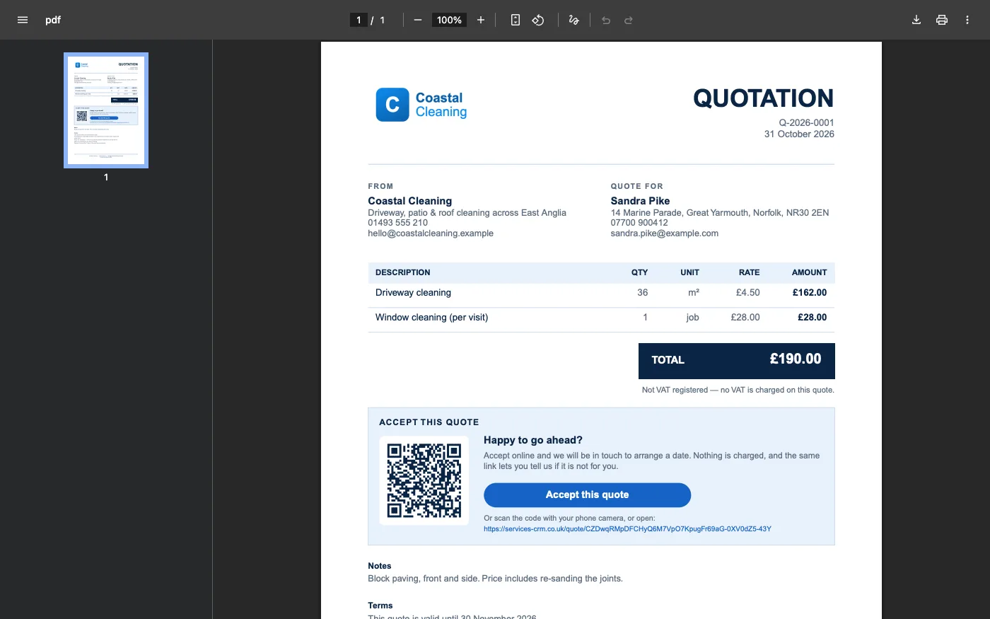 The quote PDF: itemised lines, total, terms, and Coastal Cleaning’s own branding