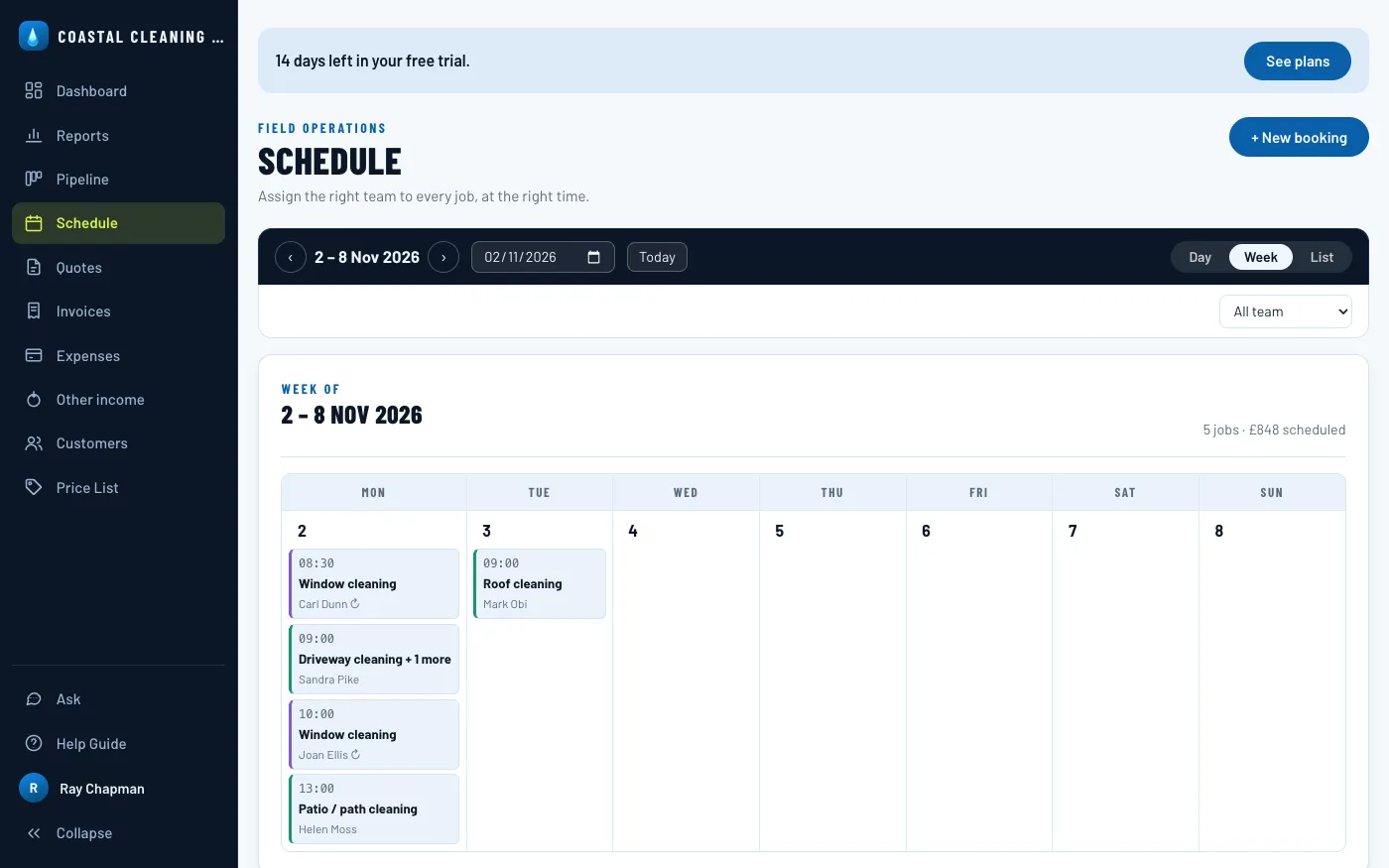 The week view of the schedule