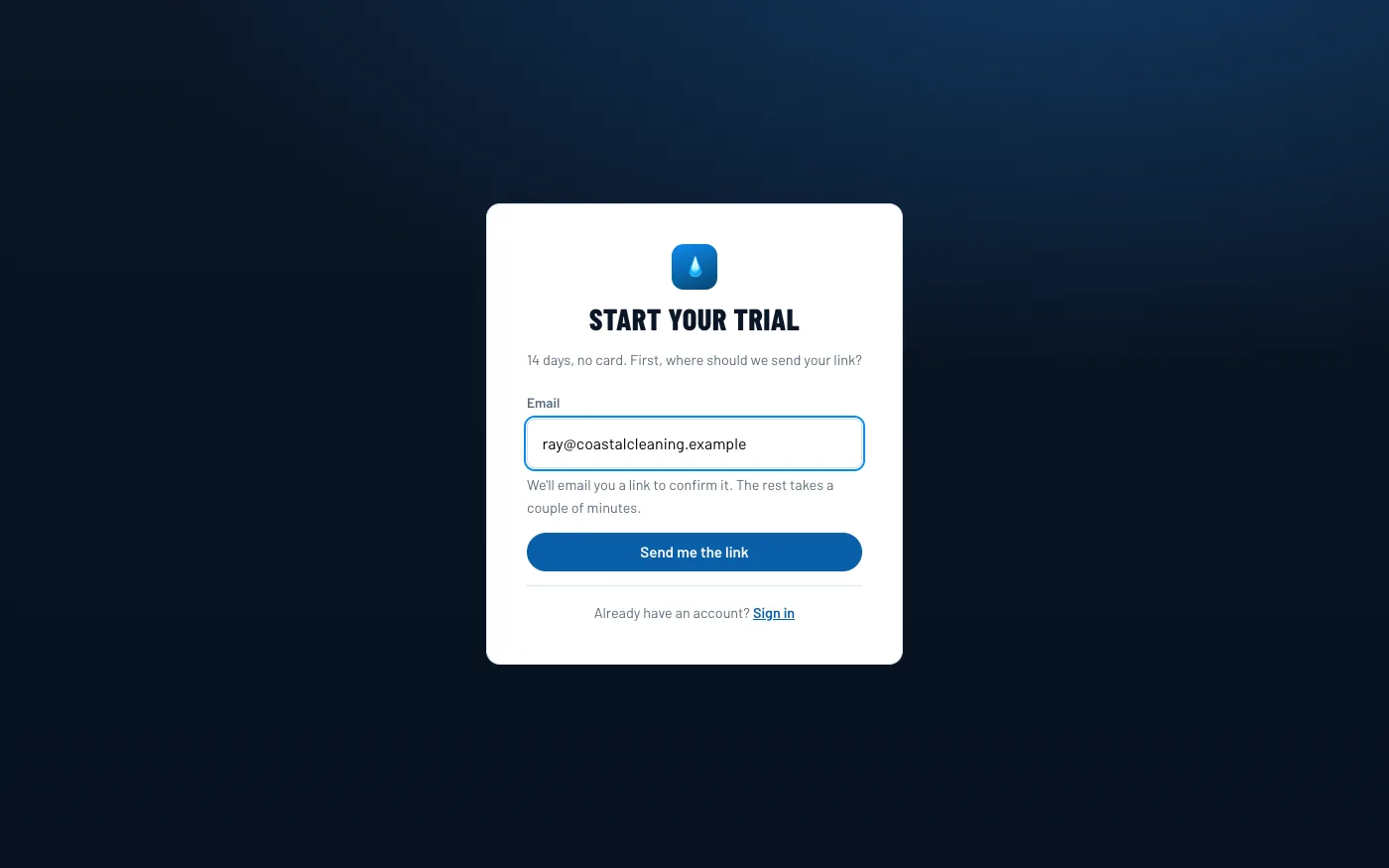 The first step of the free trial: an email address