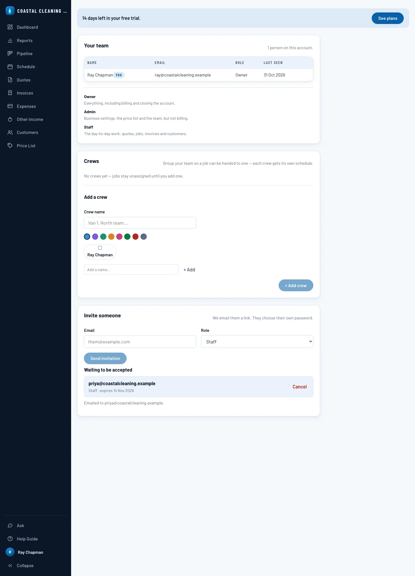 The team screen with an invitation waiting to be accepted